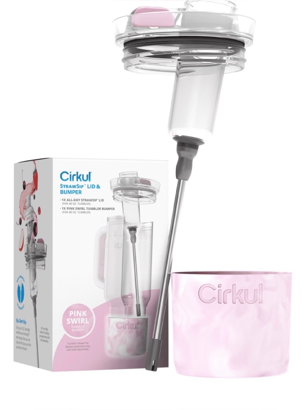 Cirkul StrawSip Drink-Through Lid & Pink Swirl Anti-Slip Bumper, 40 oz